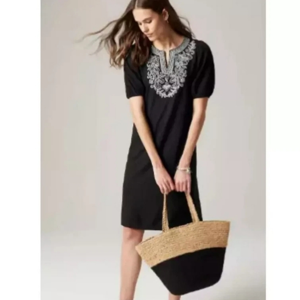NWT J Jill Black Soutache Embroidered soft knit dress SP  cotton tencel shift